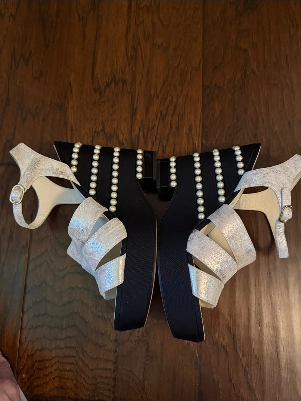 CHANEL Black Pearl-Trimmed Strappy Heel Sandals